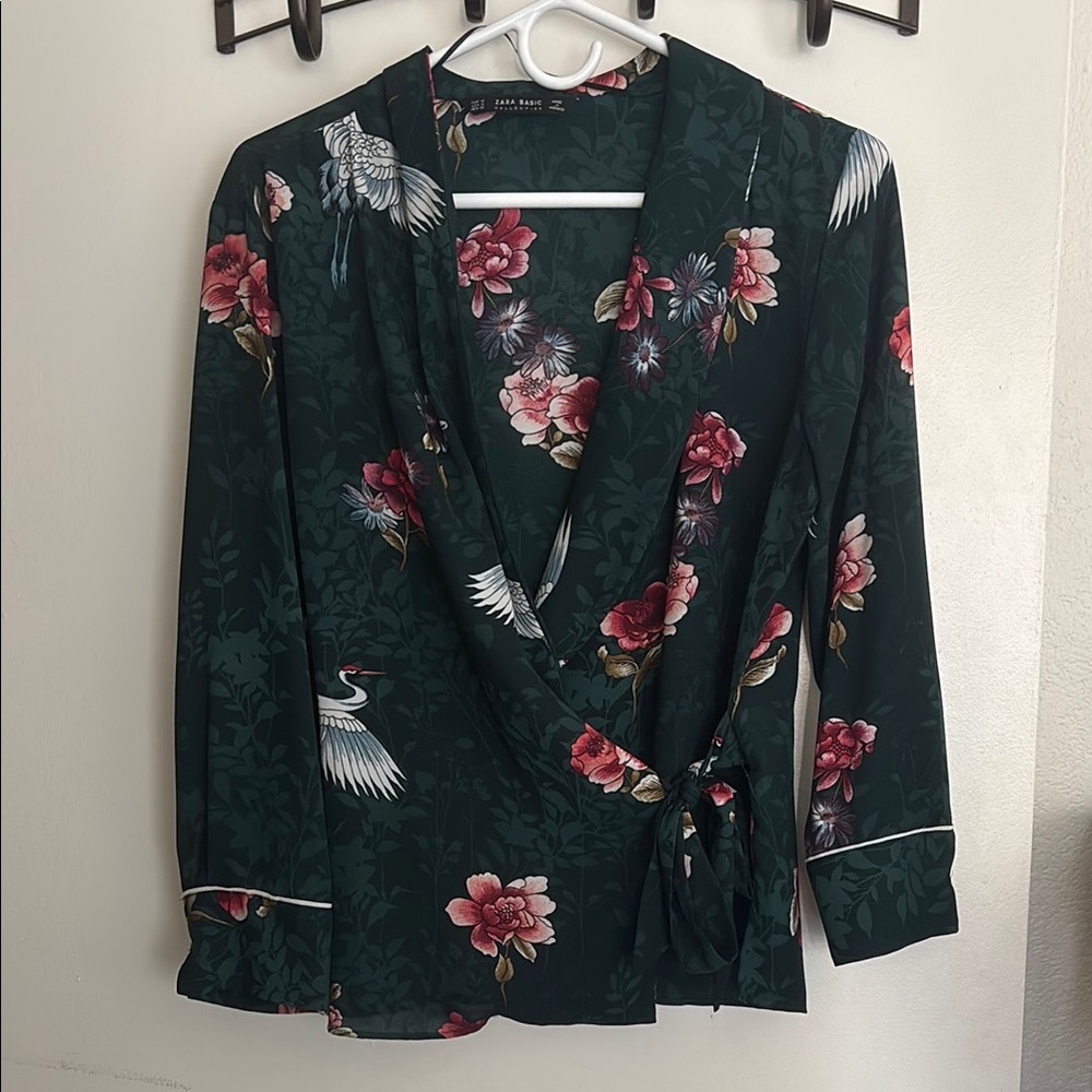 Zara Green Wrap Blouse with Cuffed Sleeves and Tie Front
